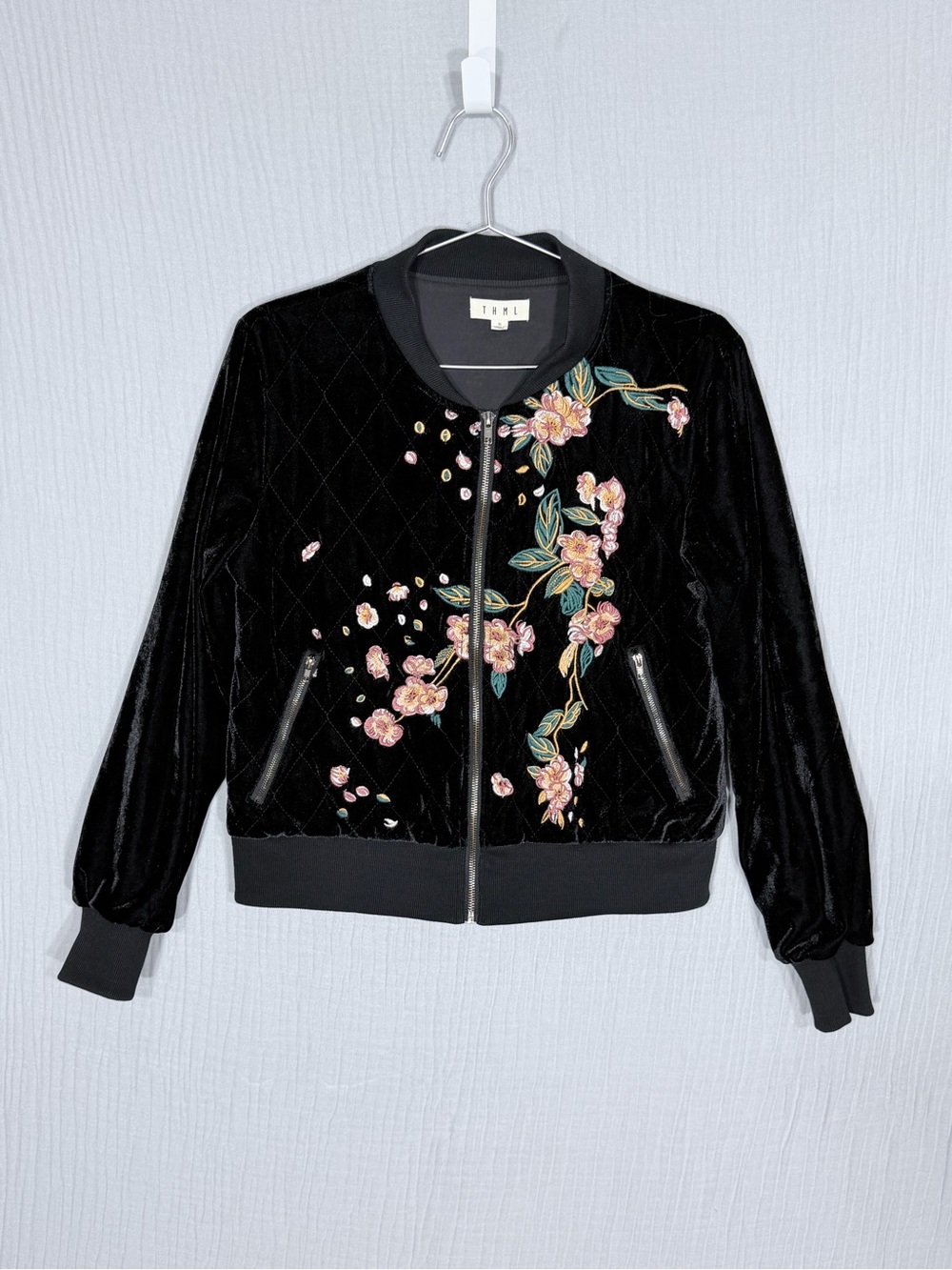 THML Black Velvet Embroidered Floral Bomber Jacket Quilted Size S